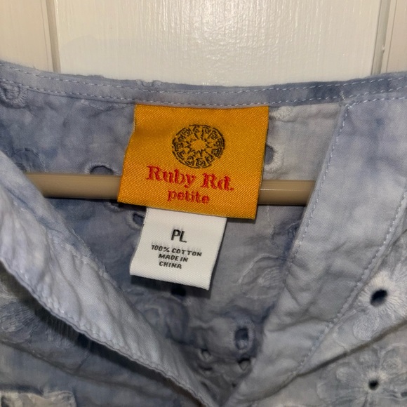 Ruby Rd Coastal Grandma Eyelet Blue White Button Up Cotton Blouse Women's PL - Picture 2 of 3